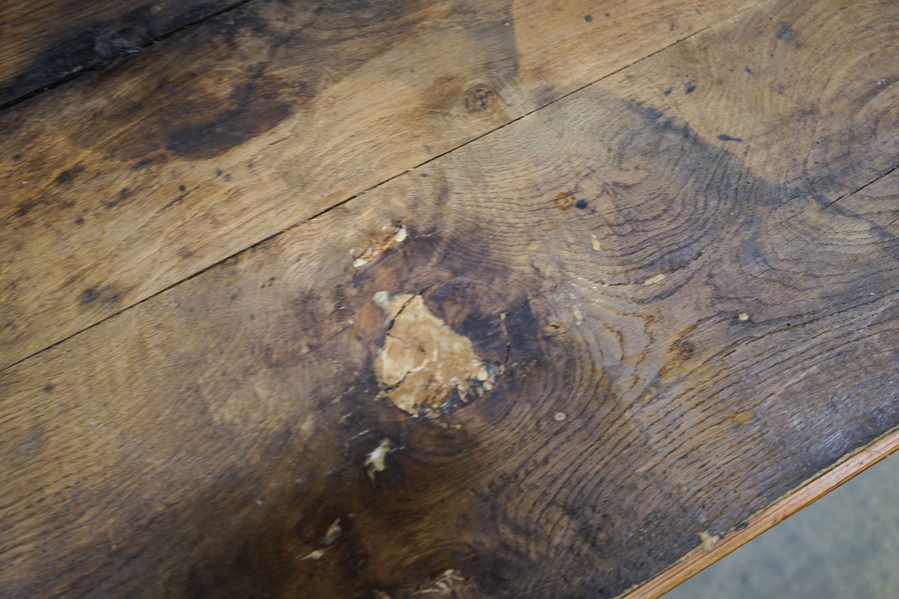 An early 19th century French provincial oak farmhouse table, length 243cm, depth 87cm, height 78cm